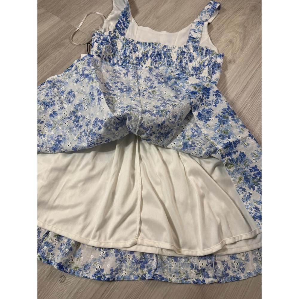Japna Blue White Floral Eyelet Cotton Mini Dress Smocked Back NWT Size L - Picture 8 of 9